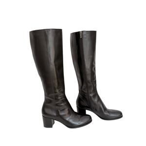 Via Spiga Black Leather Knee High Boots Size 7.5 Side Zip Block Heel